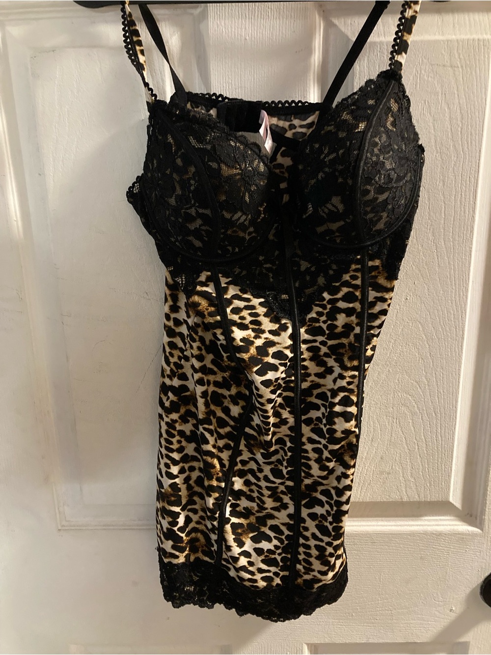 La Vie En Rose Leopard Satin Chemise with Black Lace